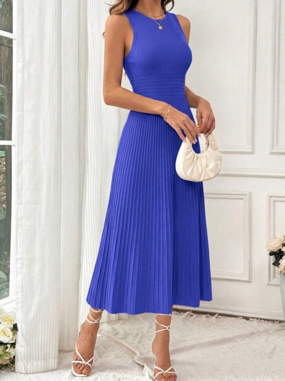 Sleeveless Pleated Midi Dress in Bright Blue